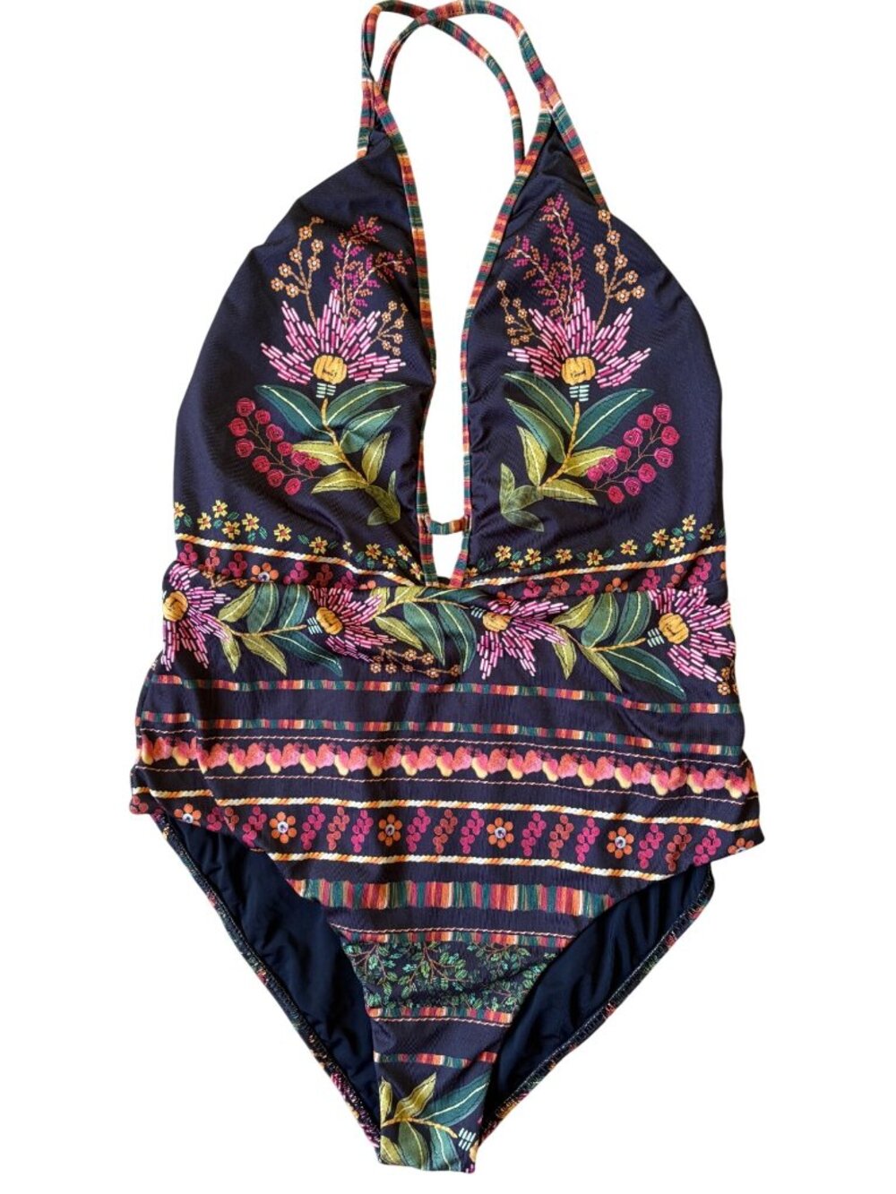 Farm Rio Fiona One Piece Swimsuit XL Plunging Halter Neckline Brown Floral Boho